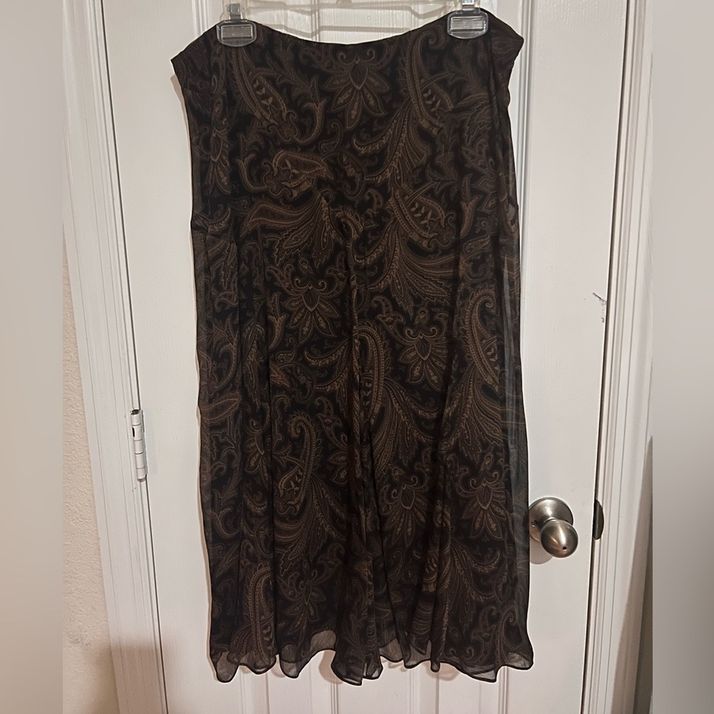 Lauren Ralph Lauren 14W 100%Silk Brown Paisley Midi Skirt EUC